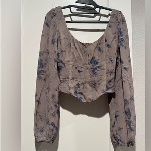 Chic Floral Long Sleeve Blouse in Blue and Gray
